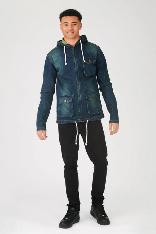 Hooded Denim Jacket - Indigo Blue