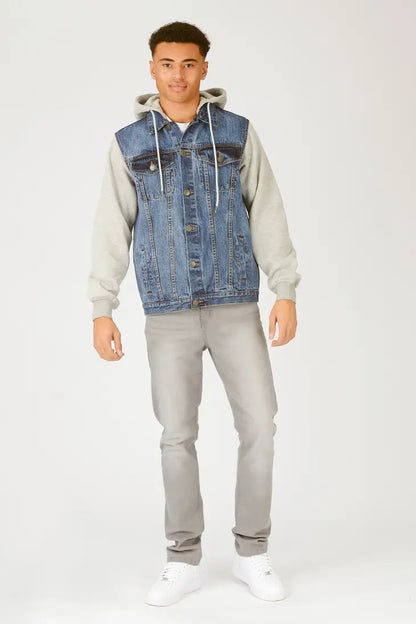 Hooded Fleece Denim Jacket - Mid Blue Wash