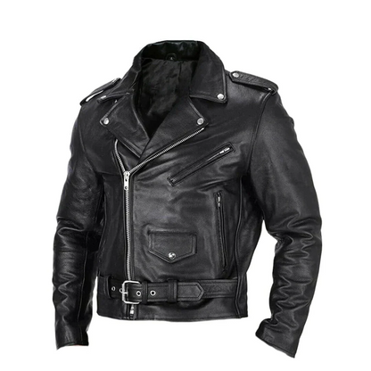 Black Leather Jacket with Pockets and Belt for Men