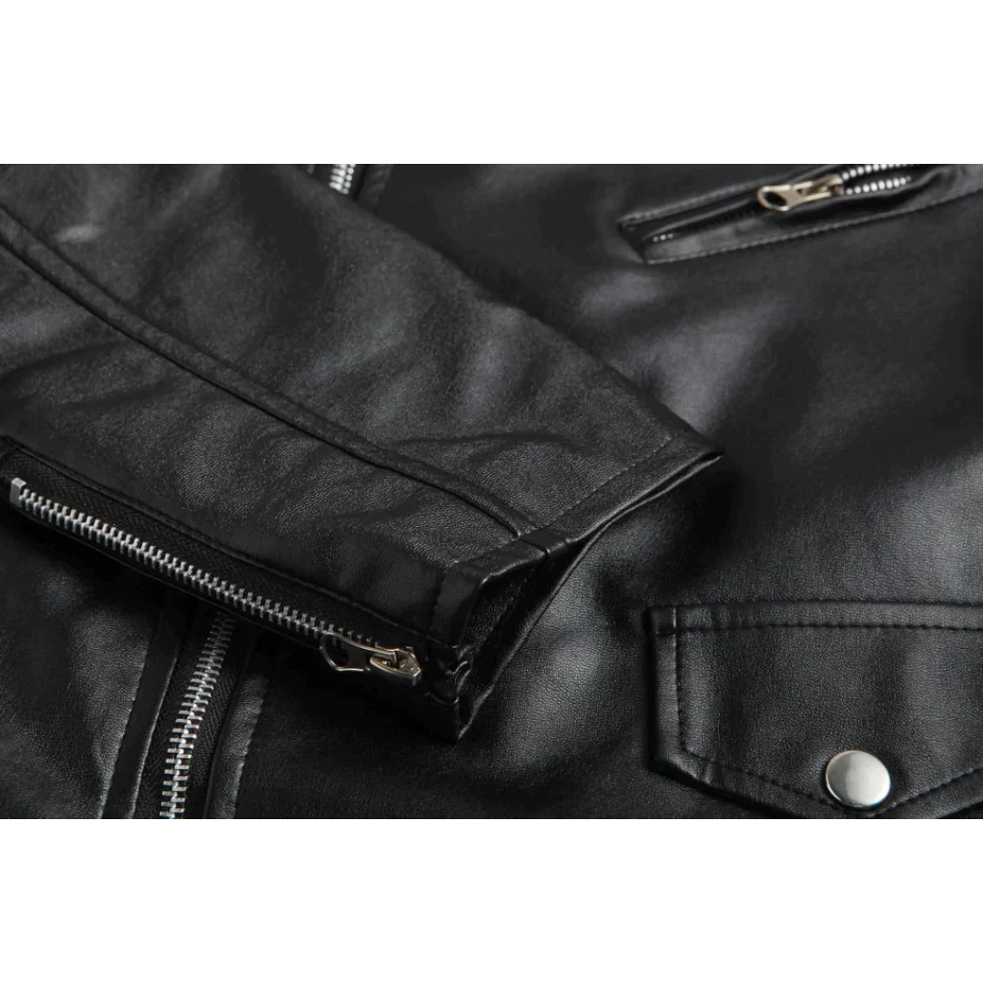 Black Leather Jacket with Pockets and Belt for Men