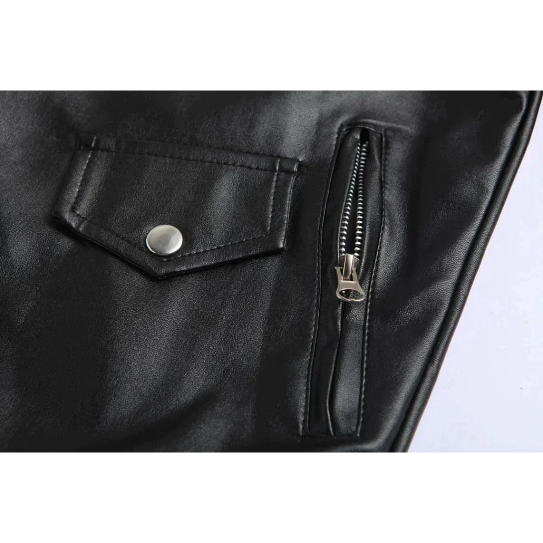 Black Leather Jacket with Pockets and Belt for Men