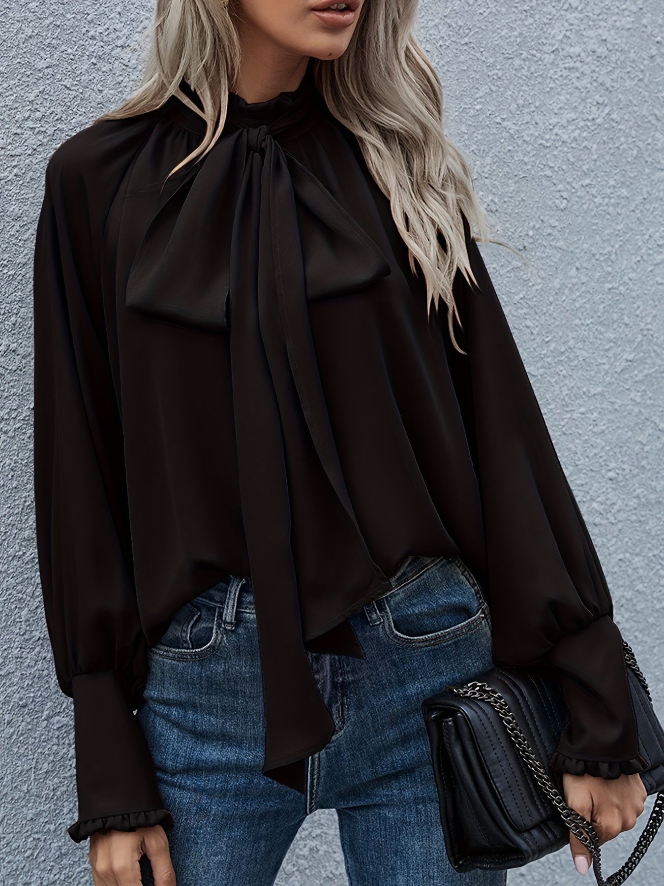 Tie-neck blouse with puff sleeves for women