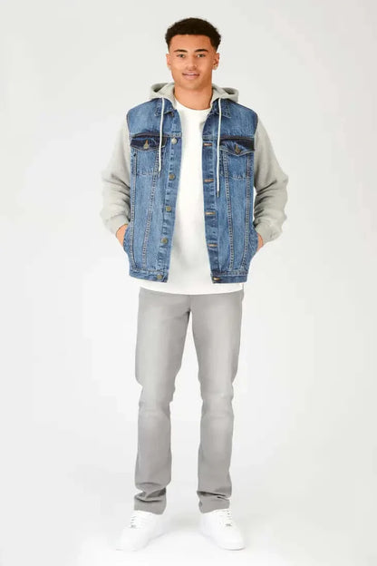 Hooded Fleece Denim Jacket - Mid Blue Wash