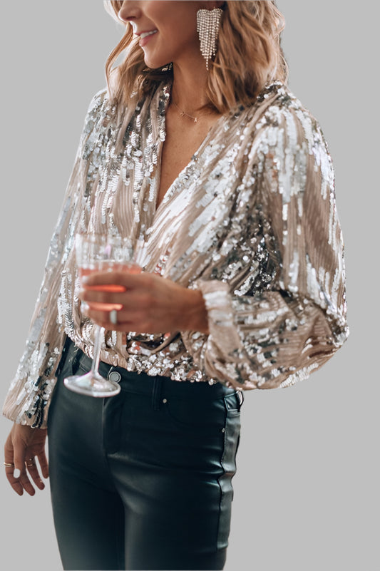 Women's blouse with sequins, v-neck, and balloon sleeves