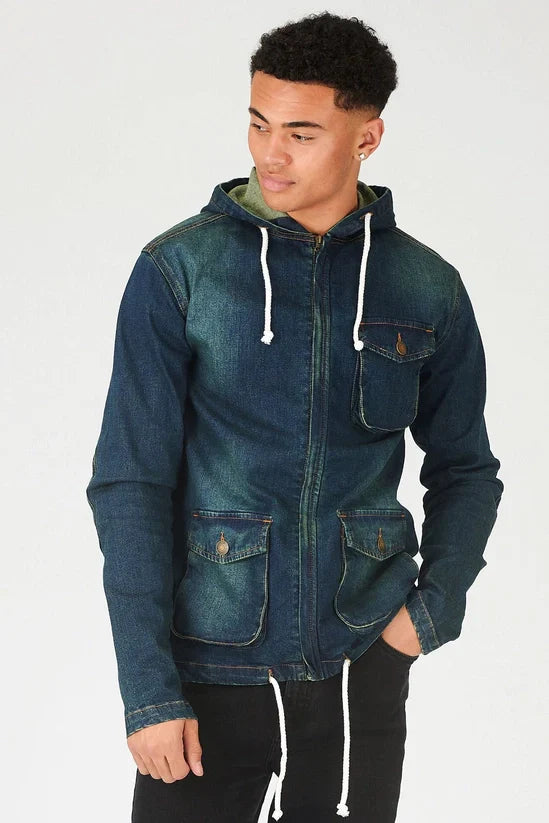 Hooded Denim Jacket - Indigo Blue