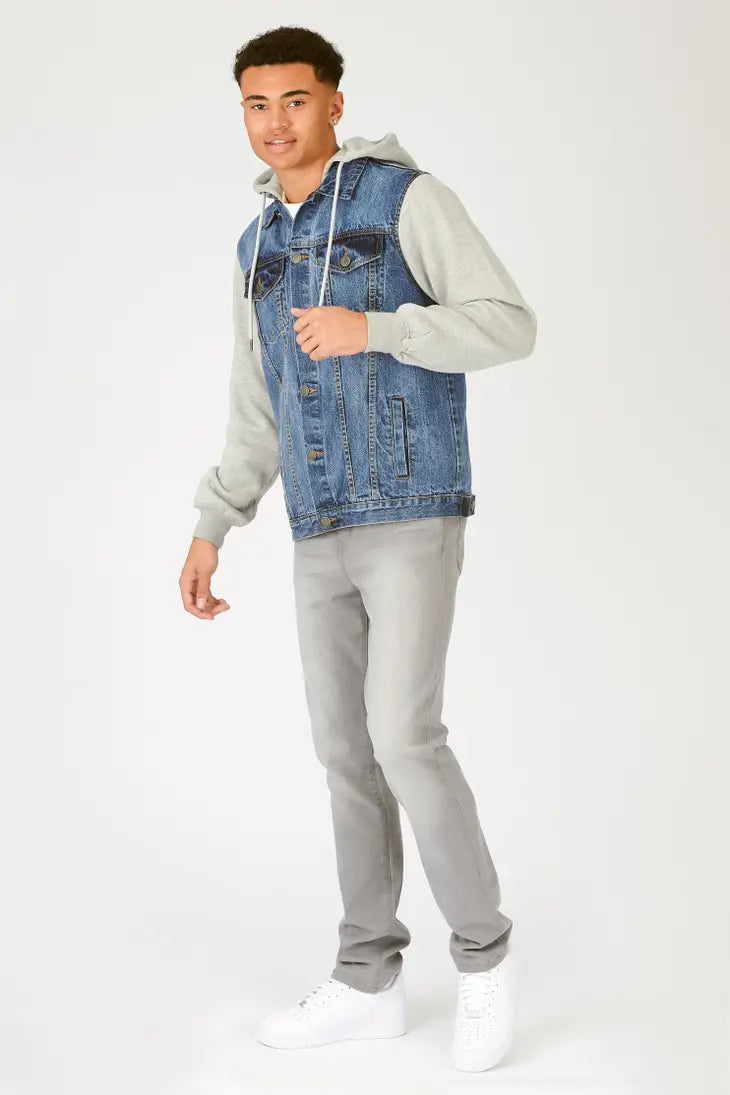 Hooded Fleece Denim Jacket - Mid Blue Wash