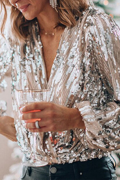 Women's blouse with sequins, v-neck, and balloon sleeves