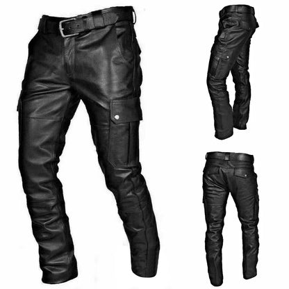 Men's Biker Pants - Stylish Faux Leather Motorcycle Trousers with Cargo Pockets