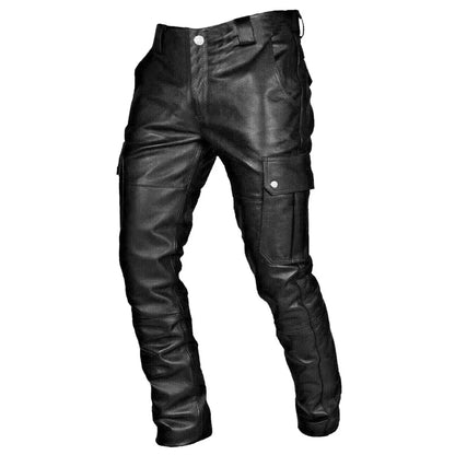 Men's Biker Pants - Stylish Faux Leather Motorcycle Trousers with Cargo Pockets