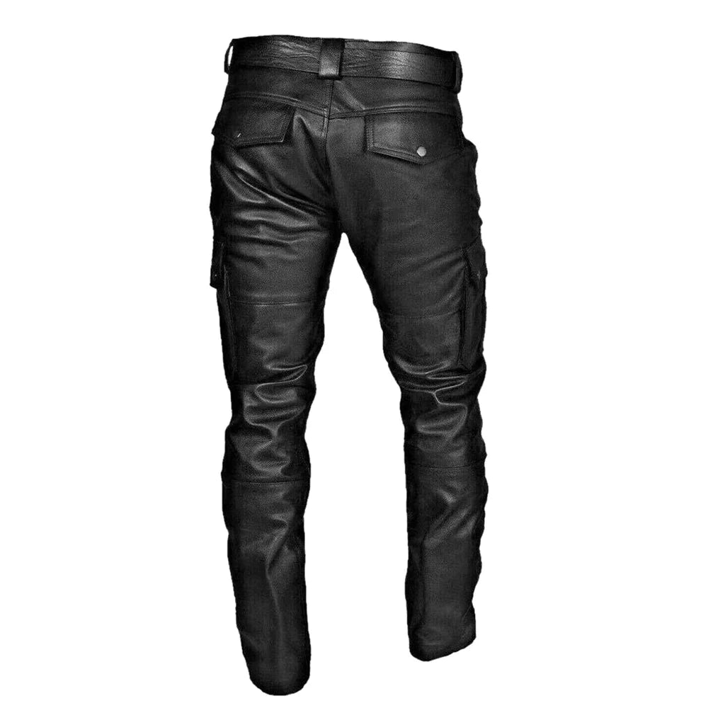 Men's Biker Pants - Stylish Faux Leather Motorcycle Trousers with Cargo Pockets