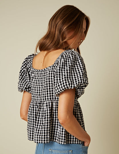 Black Gingham Puff Sleeve Top