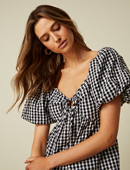 Black Gingham Puff Sleeve Top