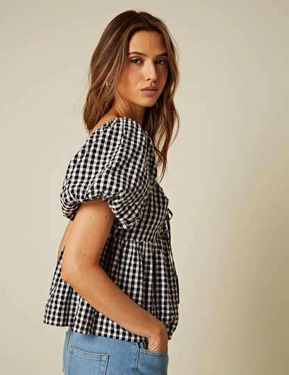 Black Gingham Puff Sleeve Top