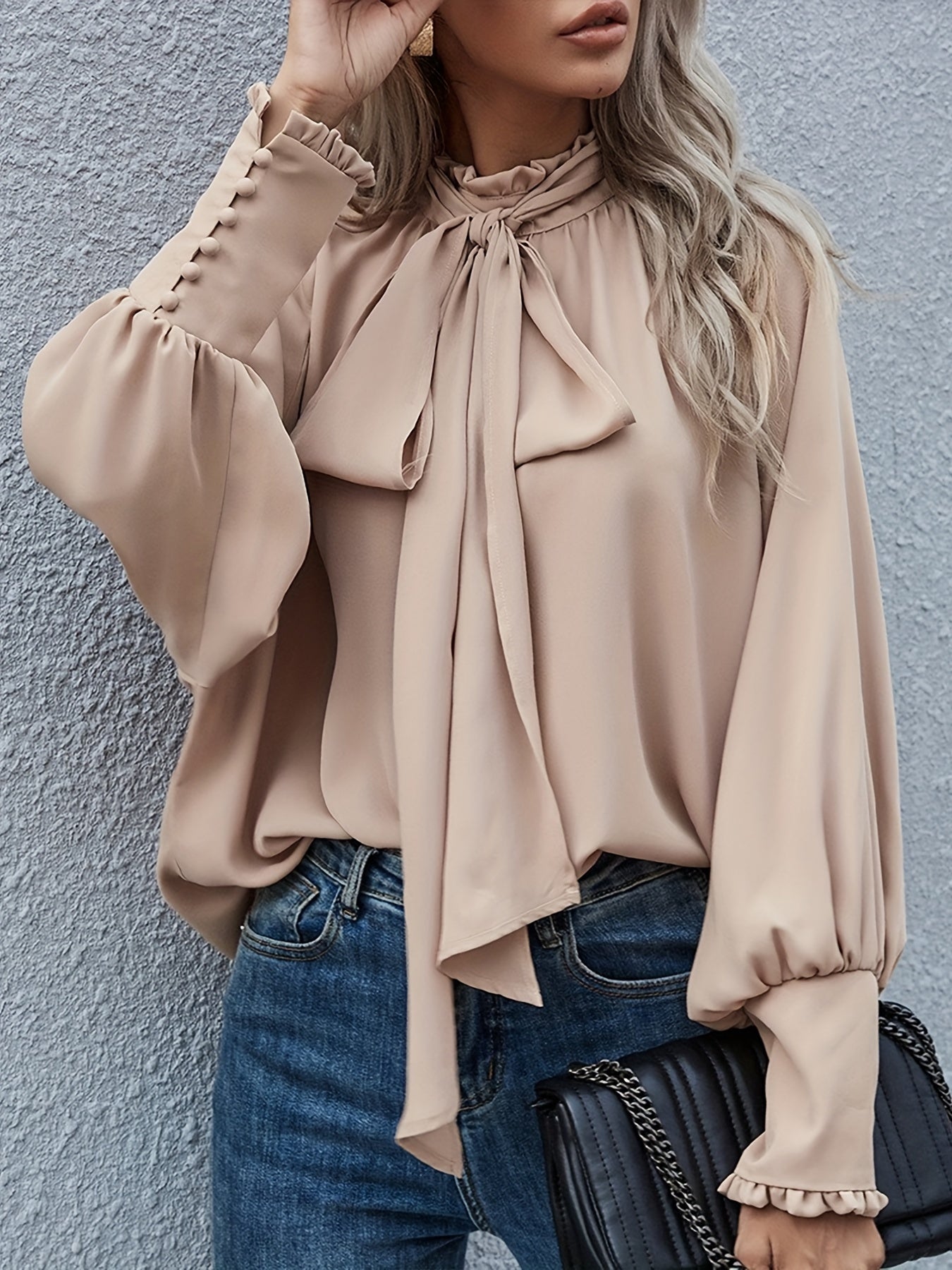 Tie-neck blouse with puff sleeves for women