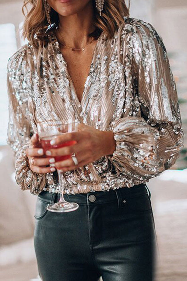 Women's blouse with sequins, v-neck, and balloon sleeves