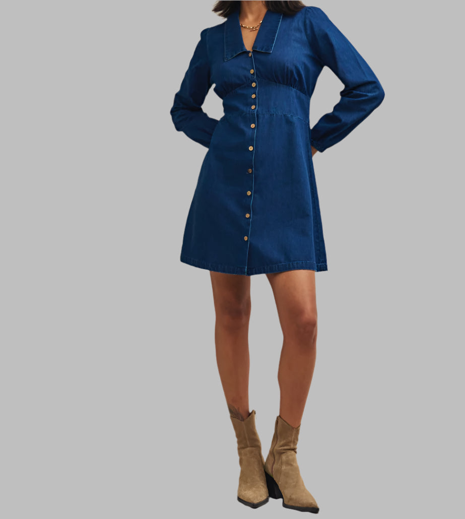 Dark Denim Daisy Collared Long Sleeve Mini Dress