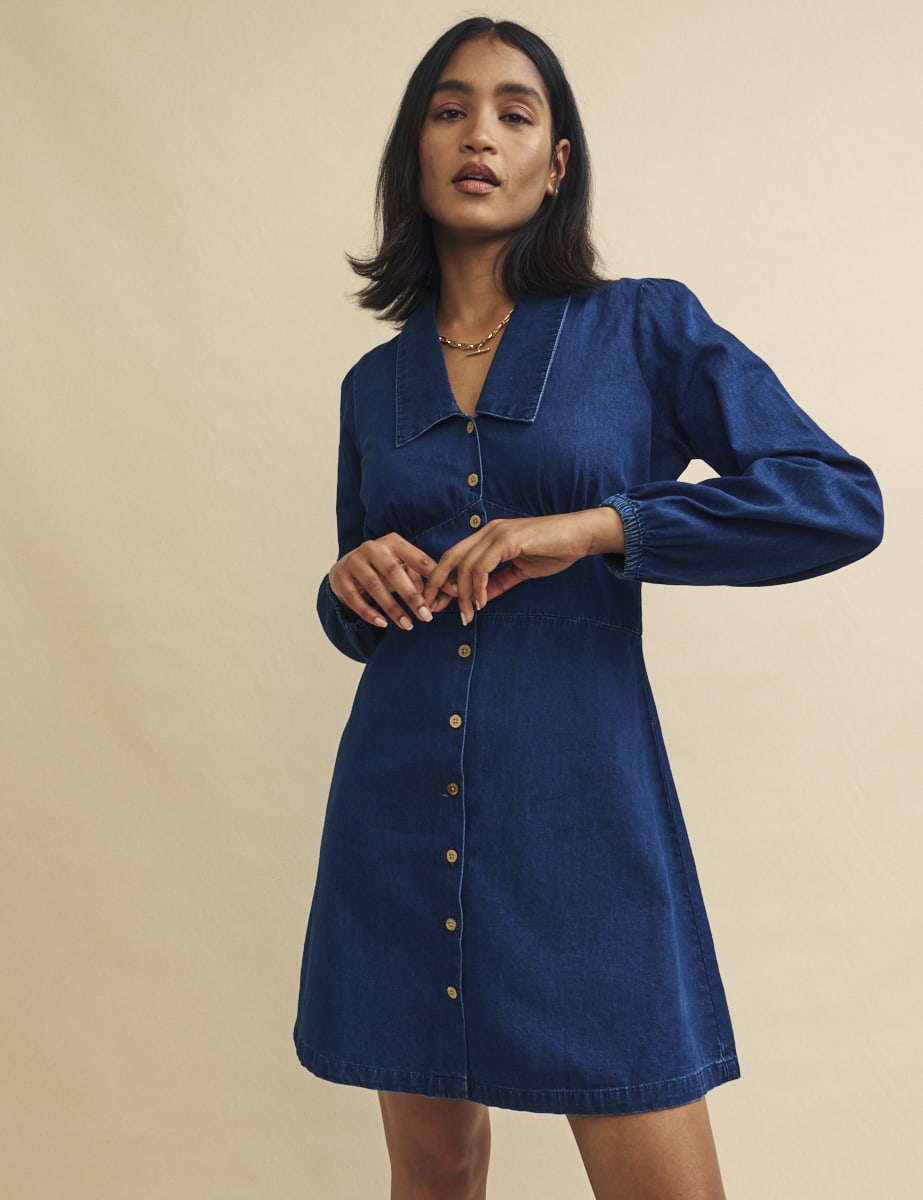 Dark Denim Daisy Collared Long Sleeve Mini Dress