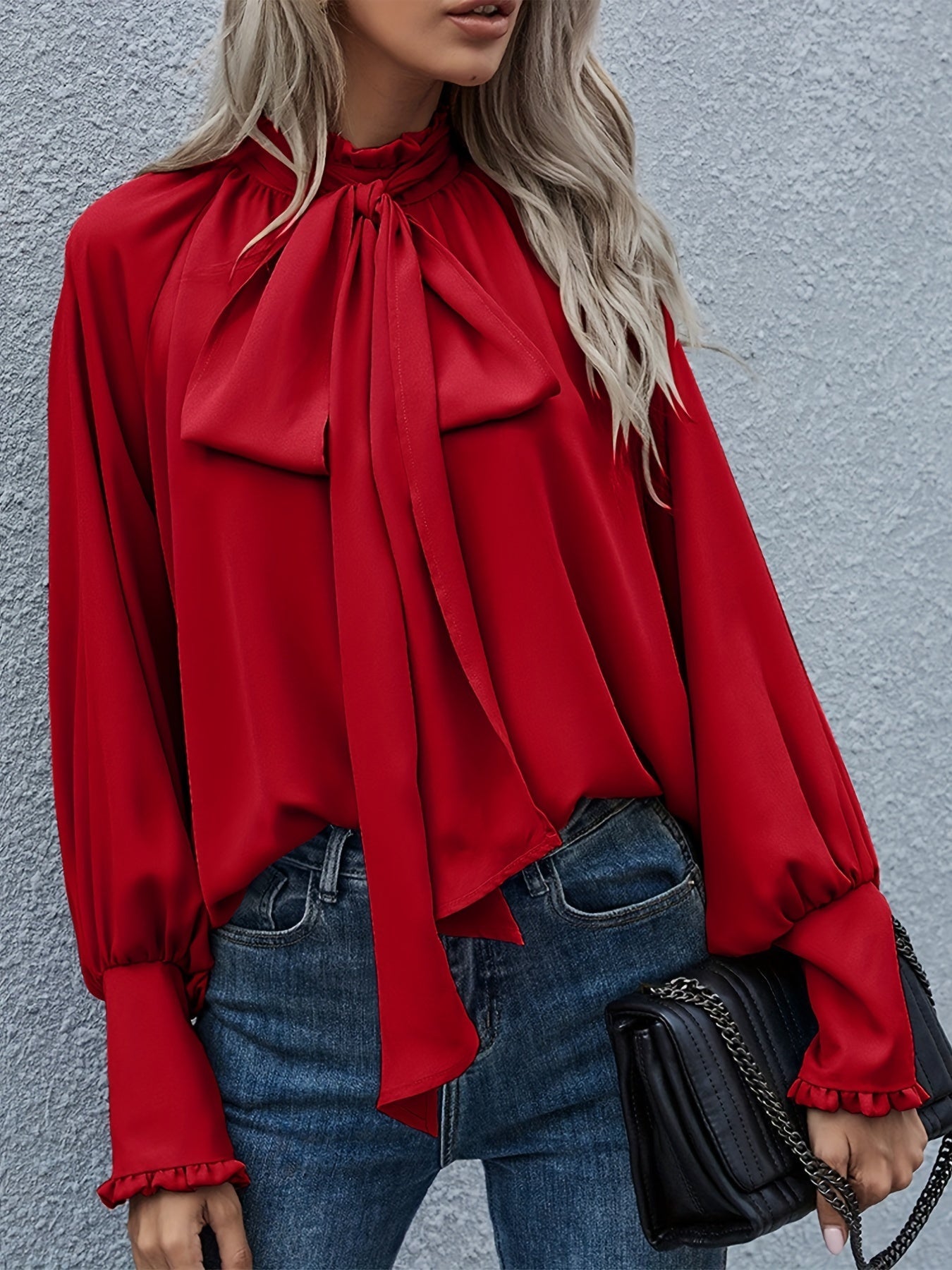 Tie-neck blouse with puff sleeves for women