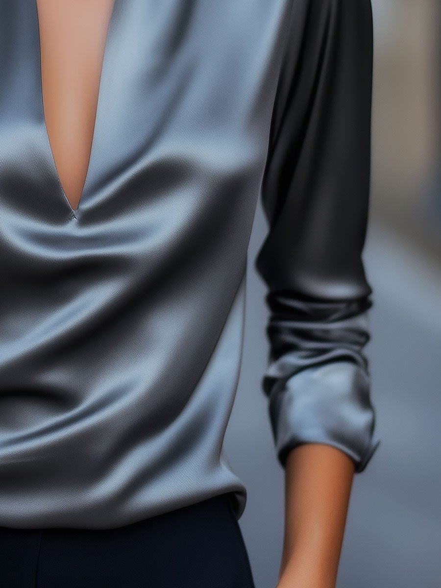 Silver Satin Blouse with Deep V-Neck