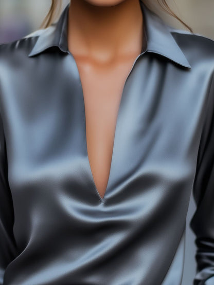 Silver Satin Blouse with Deep V-Neck