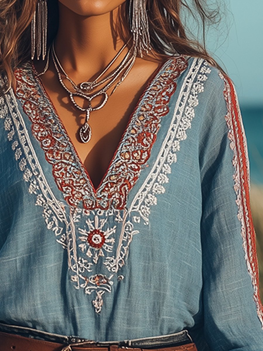 Bohemian Embroidered V-Neck Cotton and Linen Shirt