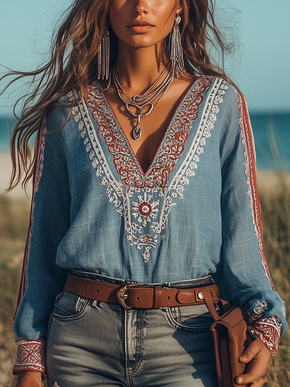 Bohemian Embroidered V-Neck Cotton and Linen Shirt