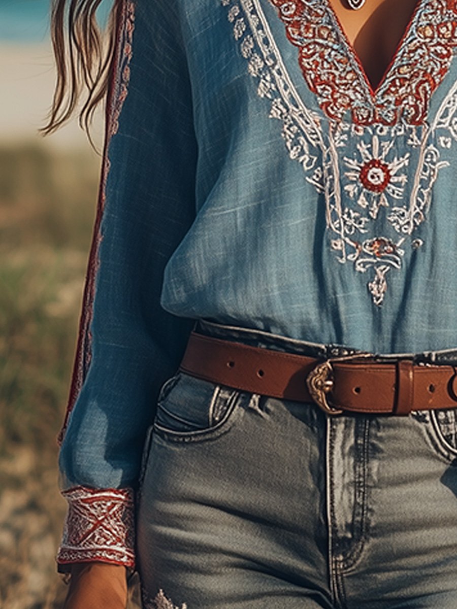 Bohemian Embroidered V-Neck Cotton and Linen Shirt