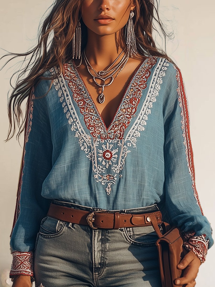 Bohemian Embroidered V-Neck Cotton and Linen Shirt