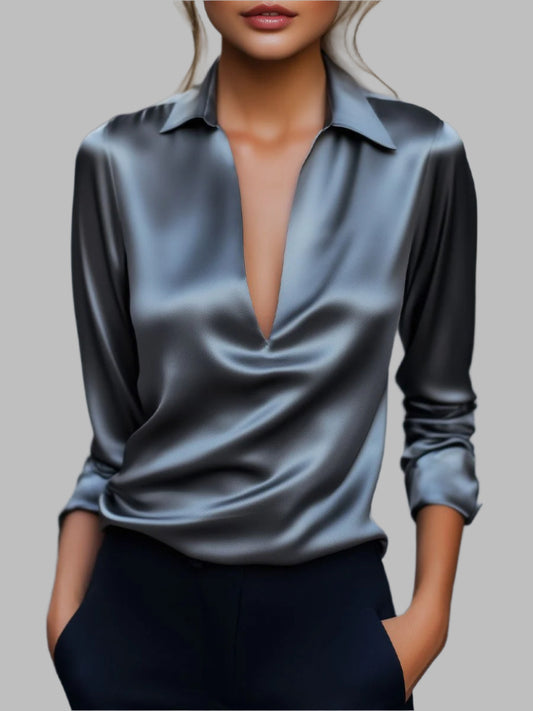 Silver Satin Blouse with Deep V-Neck